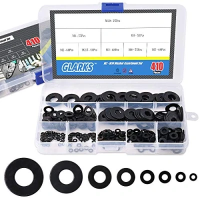 Image of Glarks 410Pcs Metric M2 M2.5 M3 M4 M5 M6 M8 M10 Flat Washers Assortment Set, Black Zinc Plated Alloy