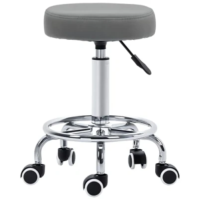Image of Vinsetto Round Rolling Stool, PU Leather Height Adjustable Stool Chair with Wheels and Swivel Seat for Salon, Massage, Spa, Home Kitchen, Grey