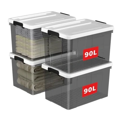 Image of Cetomo 90L*4 Storage Boxes, Plastic Box with Lids, Organizing Container Secure Latching Buckles, Stackable, Nestable, Large Bin for Home Clothes, 90L 4Pack, Clear Black