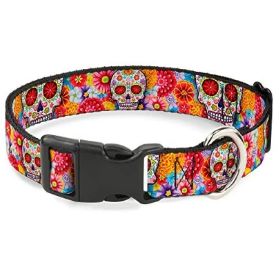 Image of Buckle Down Plastic Clip Collar Sugar Skull Starburst White/Multi Color 1.5&quot; Wide Fits 16 23&quot; Neck Medium