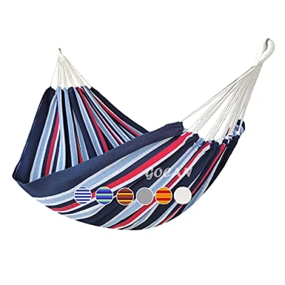 Image of GOCAN Brazilian Double Hammock 2 Person Extra Large Canvas 220x150cm Total Length 330cm Load 300kg Cotton for Patio Porch Garden Backyard Lounging Outdoor and Indoor(Dark blue) XXL