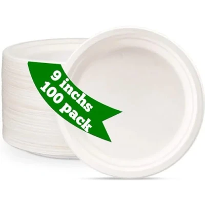 Image of AAN 100% Compostable Biodegradable Paper Plates, Heavy Duty Eco Friendly Disposable Bagasse Plates Made of Natural Sugarcane Fibers for Parties, Picnics, BBQs (9 inch 100 Pack)
