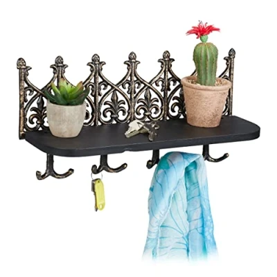 Image of Relaxdays Key Board with Shelf, Wall Holder 8 Hooks, Cast Iron, Vintage Hallway Decor, Bronze, 19.5x39.5x12cm