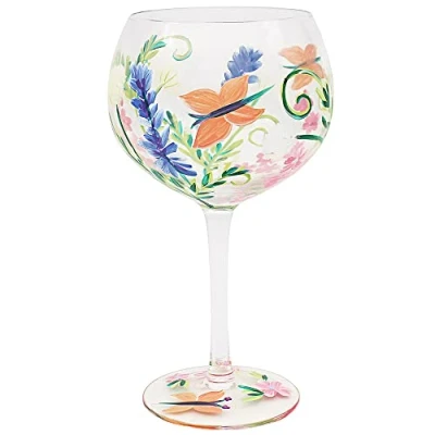 Image of lesser and pavey LP48090 Hand Painted Gin Glass Botanical &amp; Butterflies 1 Piece 9x9x21 cm Accessory, Multicolored