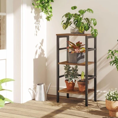Image of HOOBRO Tall Side Table, Record Player Stand, Storage Unit, Telephone Plant 3 Layer Bookshelf, Industrial, for Living Room, Bedroom, Home Office, Kitchen, Rustic Brown EBF80CJ01
