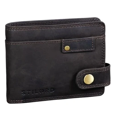 Image of STILORD &#039;Finley&#039; Leather Wallet Men RFID and NFC Protection with Security Button Genuine Cow Hide in Gift Box, Colour:Dark Brown