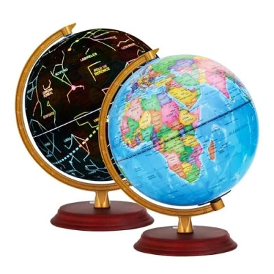 Image of EXERZ Illuminated World Globe 20cm Diameter Wooden Base Spanish Political Map (Day) Constellation Stars (Night)