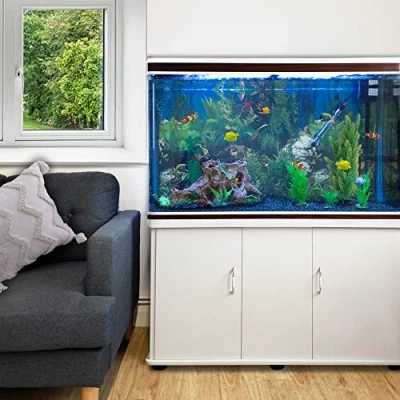 Image of MonsterShop Large Fish Tank White 4ft 300L 65 Gal Aquarium Marine Tropical Saltwater Freshwater. Cabinet Storage Stand. Blue Gravel. Filter, Air Pump, Heater, LED Light Accessories…