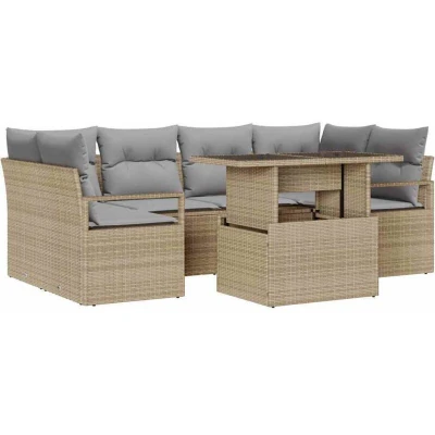 Image of vidaXL 7 Piece Garden Sofa Set with Cushions Beige Poly Rattan