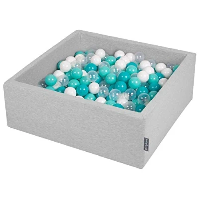 Image of KiddyMoon 90X30cm/200 Balls ∅ 7Cm / 2.75In Square Baby Foam Ball Pit Made In EU, Light Grey:Lt Turquoise/White/Transparent/Turquois