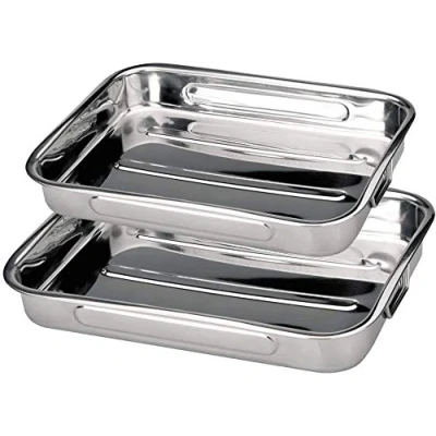 Image of MGE Set of 2 Roasting Baking Tins Trays with Handles Oven Tin Stainless Steel Pan