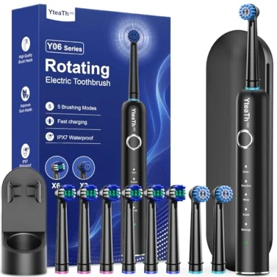 Image of Rotating Electric Toothbrush with 8 Brush Heads for Adults and Kids, 60 Day Battery Life, Wireless Wall Charging Station, 5 Modes Sonic Travel Case