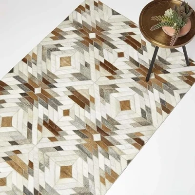 Image of HOMESCAPES Cream &amp; Brown Leather Rug 90 x 150 cm Handwoven Geometric Recycled for Living Room Bedroom