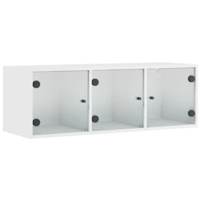 Image of vidaXL Wall Cabinet with Glass Doors Engineered Wood Floating Storage, White, 102x37x35 cm Elegant Mounted Shelving for Living Room and Office