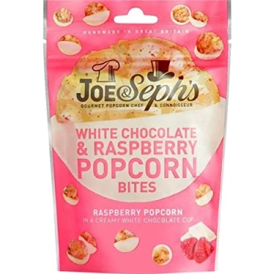 Image of Joe &amp; Seph&#039;s White Chocolate Raspberry popcorn Bites (1x63g), 1 Star Great Taste Award, gourmet popcorn, air popped bag, for a party, sweet