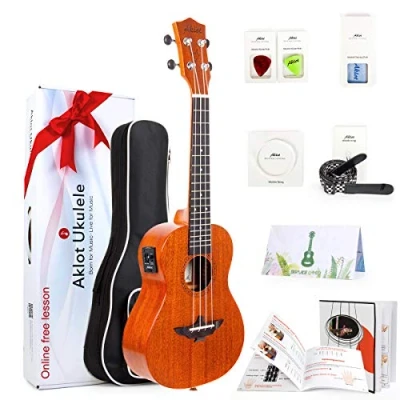 Image of Aklot Electric Ukulele Concert 23 Inch Ukele Solid Mahogany Uke Starter Kit With Free Online Lesson 8 Packs Accessory (Gig Bag Picks Strap String Cleaning Cloth Instruction Book Gift Box)