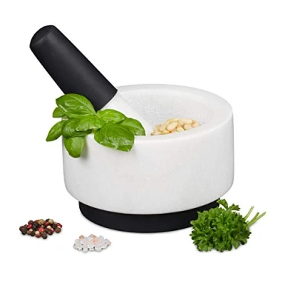 Image of Relaxdays 10029962 Pestle, Spices, Herbs, Polished Stone Mortar, Ø 14 cm, Marble, White