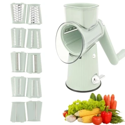 Image of Rotary Cheese Grater, Vegetable Slicer with 10 Replaceable Stainless Steel Drums Blades, Round Drum Grater Chopper Strong Suction Base for Kitchen Cheese,Carrot, Faster and Easy Cutting