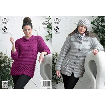 Image of King Cole Ladies Big Value Super Chunky Sweater, Jacket &amp; Hat Knitting Pattern 3816