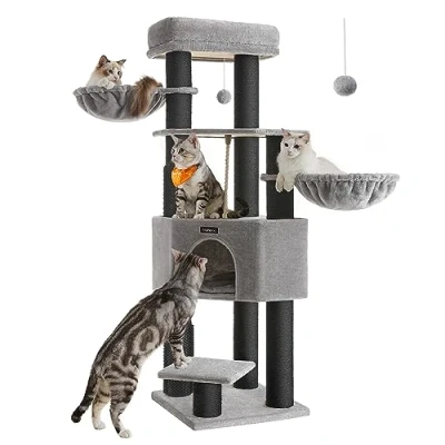 Image of Feandrea Cat Tree for Large Cats, Heavy Duty Tower with Self Warming Pads, 2 Groomers, 9 Scratching Posts, Perch, Cave, Baskets, 50 x 160 cm, Dove Grey and Black PCT003W01