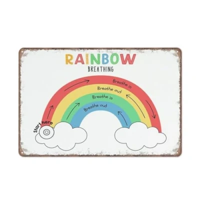 Image of KOPUTE Rainbow Breathing poster, mindfulness breathing, calm down corner, Mental Health School Counselor Decor,Retro Metal Poster Wall Art Kitchen Garden Farm Home Decoration, 20X30cm