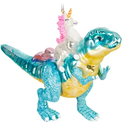 Image of BRUBAKER Christmas Bauble Hand Painted Blown Glass Tree Decoration Figurines Crazy Deco Pendant Ball Unicorn on dinosaur