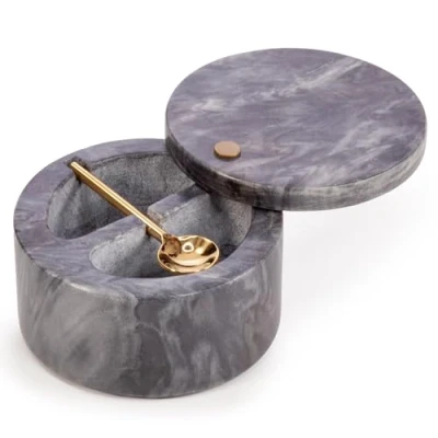 Image of EHC Salt &amp; Pepper Holder, Spice Herbs Container, Marble Pinch Pot with Swivel Magnetic Lid and Serving Spoon, Celler for Dining Table, Storage Bowl Compartment, Bath, Grey