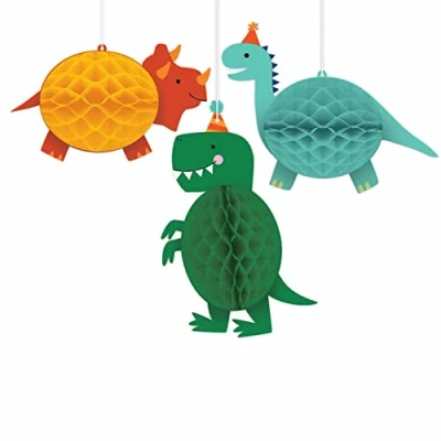 Image of Amscan 9912590 Dino Mite Dinosaur Kids Birthday Party Hanging Honey Comb Decorations 3 Pack