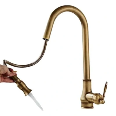 Image of Antique Brass Kitchen Tap Pull Out Swivel Retro Mixer Taps