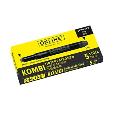 Image of Online double sided pen ink cartridges, universal refills, compatible with all common fountain pens, even Lamy pens 5 spare cartridges colour black, 17306/12