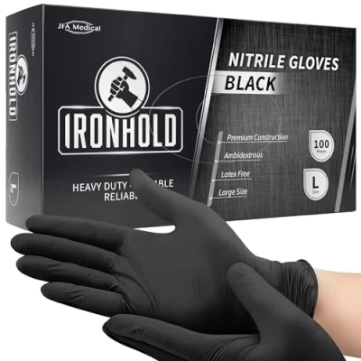 Image of JFA Medical Disposable Mechanic, Tattooist, Tattoo Heavy Duty 5.5G Powder Free Latex Black Nitrile Gloves Box of 100 (Large)
