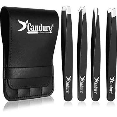Image of Candure Tweezers for Eyebrows Professional Stainless Steel Slanted and Pointed Tip Hair Set Ingrown Hair, Blackhead Removal, Eyelash Extension, Plucking Beauty Tool Women