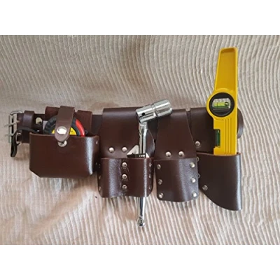 Image of Scaffolding Leather BBI Tool Work Belt with Set Spanner Ratchet Level TapePouch/Pockets/Frog (Belt 716 Tape)