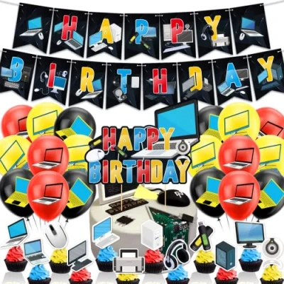 Image of Computer Party Decorations Birthday Supplies Includes Banner Balloons Cake Topper Cupcake Toppers