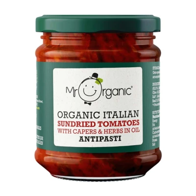 Image of Mr Organic Sundried Tomato Antipasti Authentic Mediterranean Flavours Vegan Friendly Made with Ingredients Intense and Tangy Taste Perfect for Antipasto Platters 190g Jar