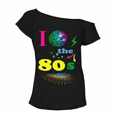 Image of Zeetaq Ladies I Love The 80&#039;s T Shirt Fancy Dress Costume Neon Festival Women&#039;s Outfit UK Size 8 26 (Black Globe, S M)