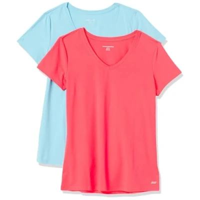 Image of Amazon Essentials Women&#039;s Tech Stretch Short Sleeved V Neck T Shirt (Available in Plus Size), Pack of 2, Blue/Neon Pink, XXL