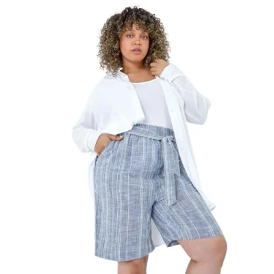 Image of Roman Originals Textured Tie Waist Cotton Shorts for Women UK Ladies Everyday Holiday Spring Summer Comfy Soft Evening Vacation Work Party Blue Size 22