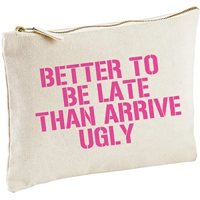 Image of Lolmugs Better to Be Late Make up Bag 100% Cotton, 22x16cm, Vintage Style Secret Santa Gift, Stocking Fillers for Her Friend Wife Women