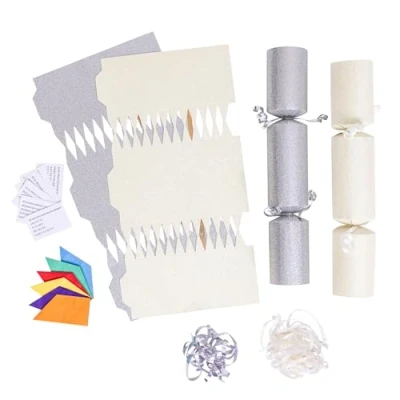 Image of evelay 12 Make Your Own Christmas Cracker Kit DIY Cream &amp; Silver Glitter Crackers Hats Snaps Jokes (Cream, Silver)