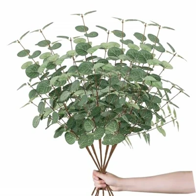 Image of Artificial Eucalyptus Stems Leaves 6 Bunches Faux Silk Flower Green Foliage Greenery Plants Real Touch Fake Branches for Arrangement Wedding Party Decor