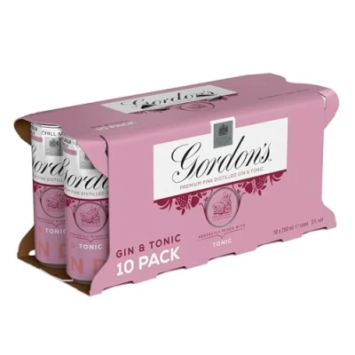 Image of Gordon&#039;s Premium Pink Distilled Gin &amp; Tonic 5% vol 10 x 250ml Can Ready to Drink Cans Flavours of Raspberry Strawberry Redcurrant