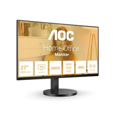Image of AOC U27B3CF 27 inch UHD monitor, speakers, height adjustable, HDR10 (3840x2160, 4K, 60 Hz, 2x HDMI, USB hub) black