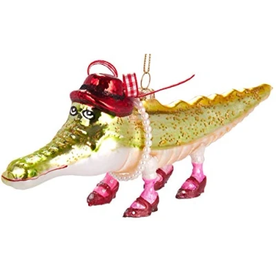 Image of BRUBAKER Funny Crocodile with Hat and Shoes Handpainted Glass Christmas Bauble Mouth Blown Tree Decoration Figures Pendant Ball 7.9 inches (20 cm)