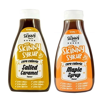 Image of The Skinny Food Co Syrup Twin Pack Salted Caramel &amp; Maple Dessert Topping Sugar Free Zero Calories Guilt Sauce