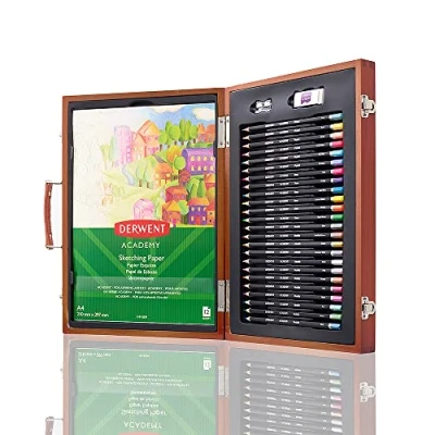 Image of Derwent Academy Trend Colour Wooden Gift Box, 27 Piece Art Set with Colouring Pencils, Pastels &amp; Accessories, Ideal Collection for Drawing, Sketching Crafts, Premium Hobbyist Quality Kit, 2305950