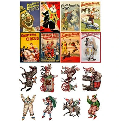 Image of Decoupage Paper Pack (20 Sheets 10x15cm) Vintage Circus Posters Clown FLONZ Ephemera Trading Card