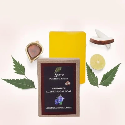 Image of SVATV Soap Lemongrass &amp; Patchouli Best Exfoliating Bar, Traditional Ayurvedic Herbal For All Skin Type 125 Grams