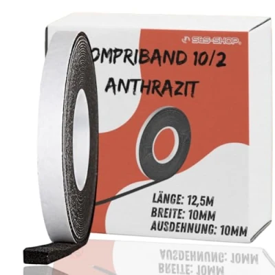 Image of 12.5 M Acrylic Compressing Tape 300 10/2 Anthracite, Band Width 10 mm Expands from 2 to mm, Swelling Sealing Window Sealant