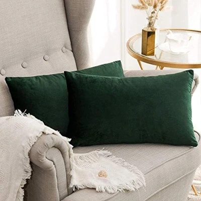 Image of MIULEE Christmas Velvet Soft Soild Microfiber Decorative Square Pillow Case Throw Cushion Cover for Sofa Bedroom with Invisible Zipper Dark Green 12&quot;x20&quot;,2 Pieces